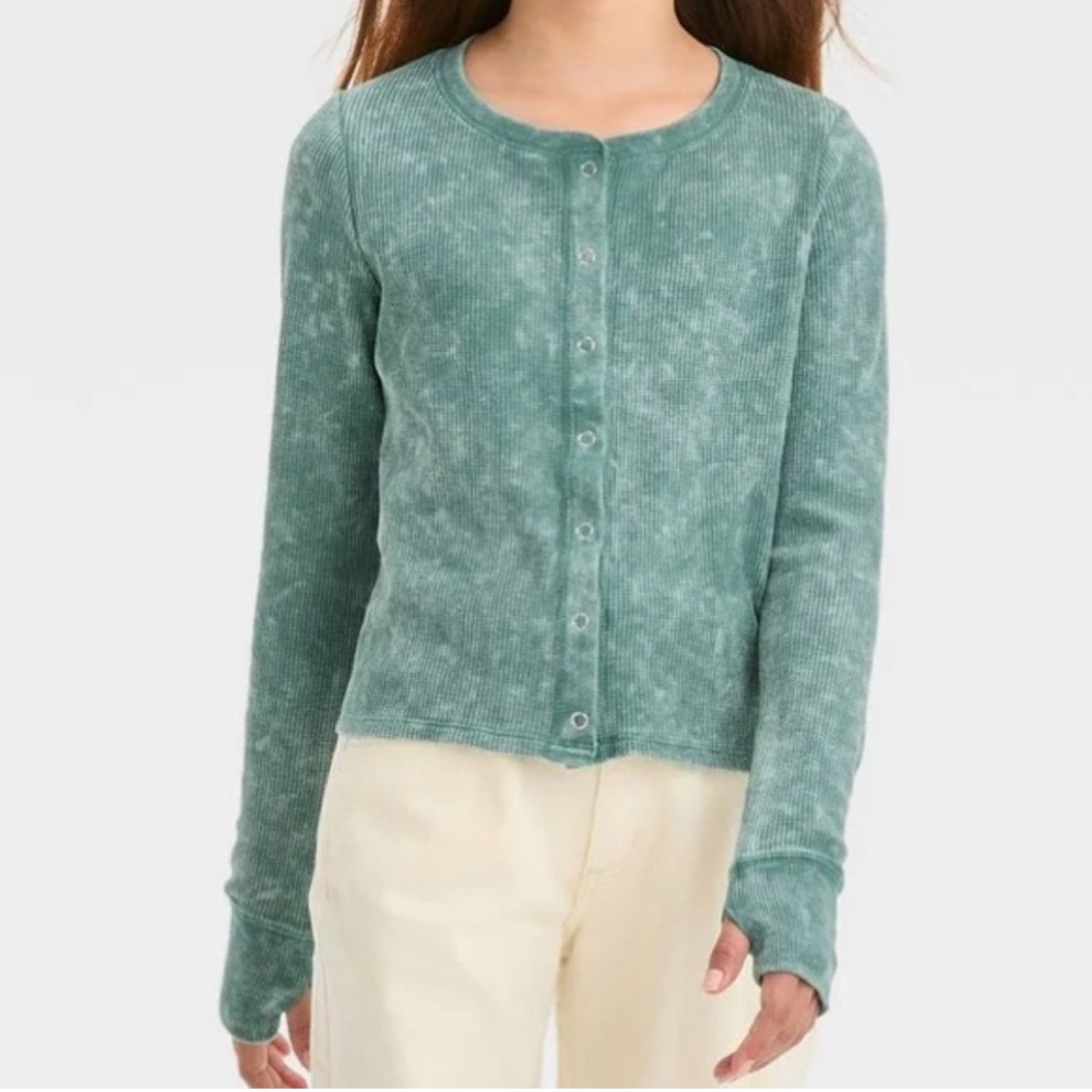 Art Class Green Button-Up Long Sleeve Thumb Hole Waffle Shirt Size XL (14)